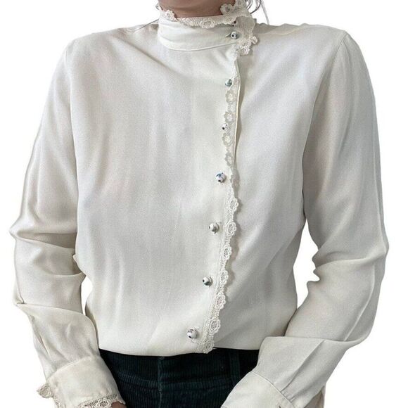 Vintage Ellen Tracy White Romantic Dark Academia Floral Button Blouse Sz S - Picture 1 of 11